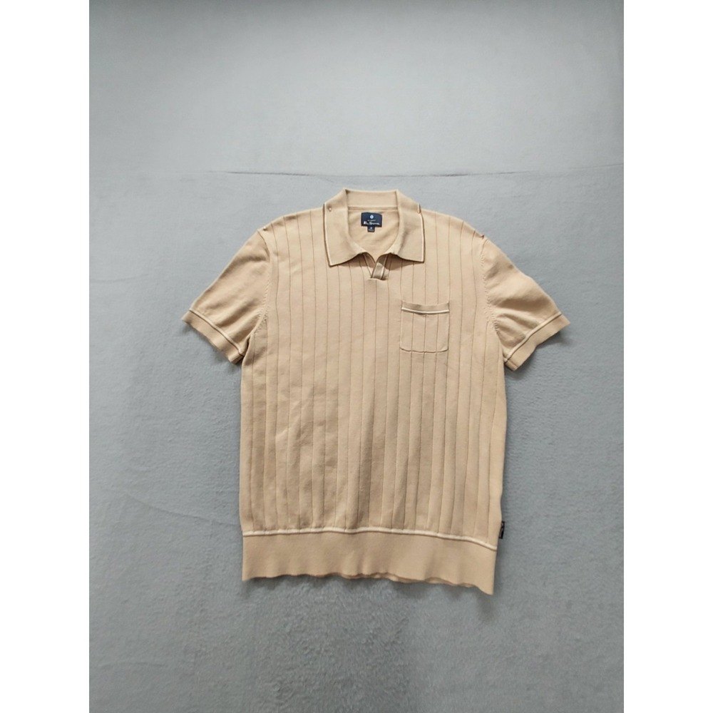 Ben Sherman Men Polo Shirt M Beige Ribbed Knit Chest Pocket‎ Short Sleeve Casual